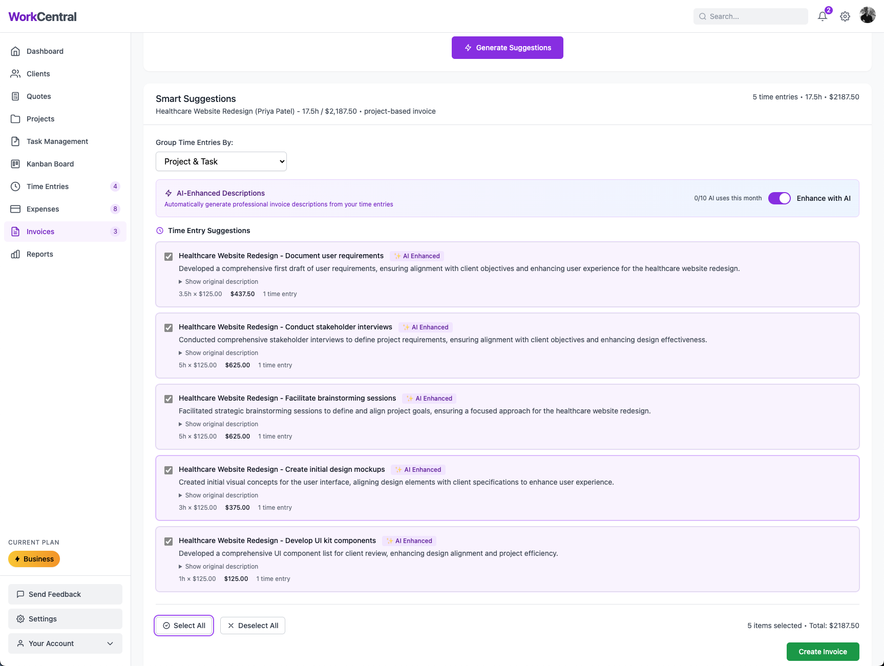 WorkCentral AI invoice suggestions from tracked time