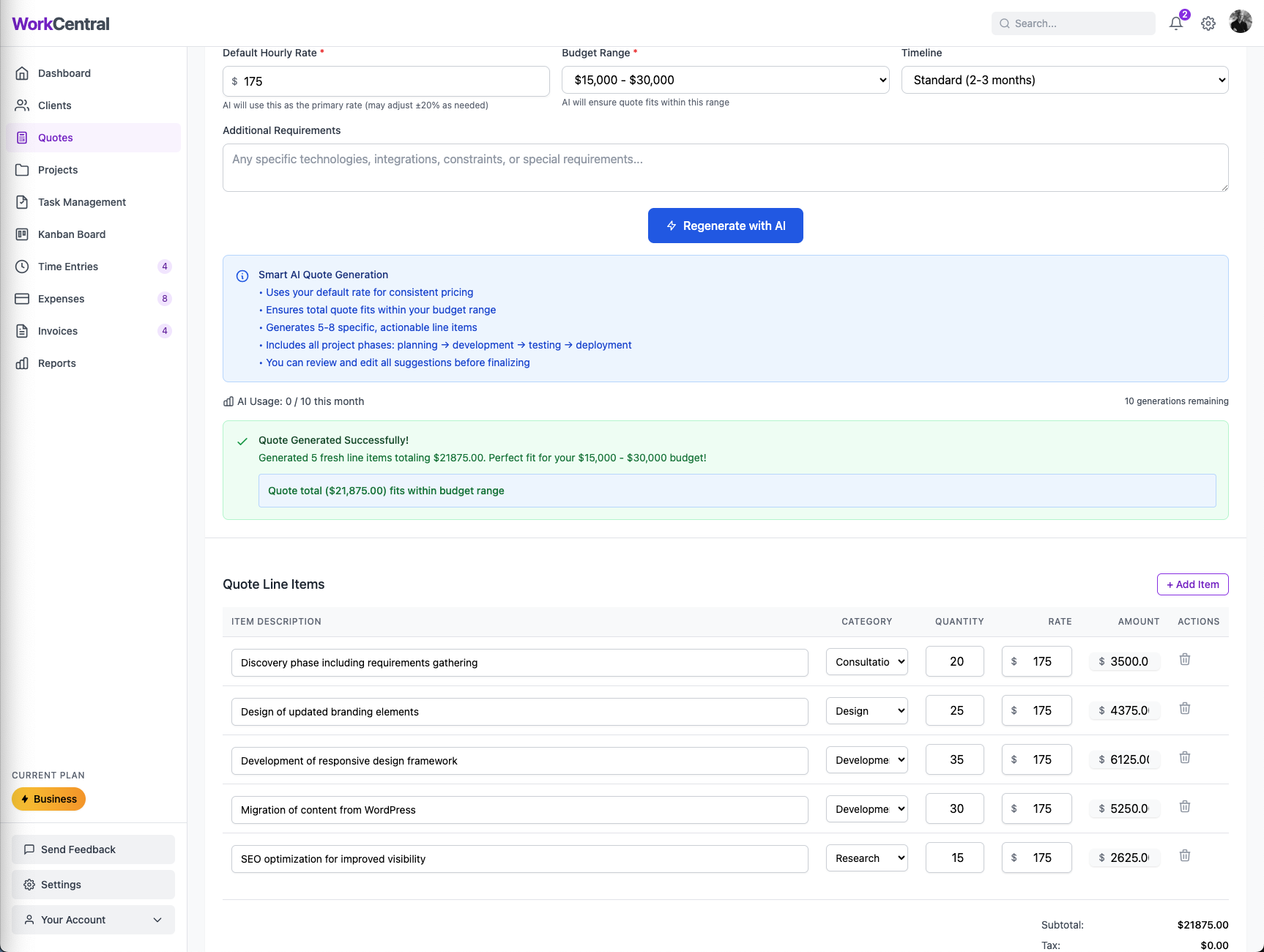 WorkCentral AI quote generation showing categorized line items