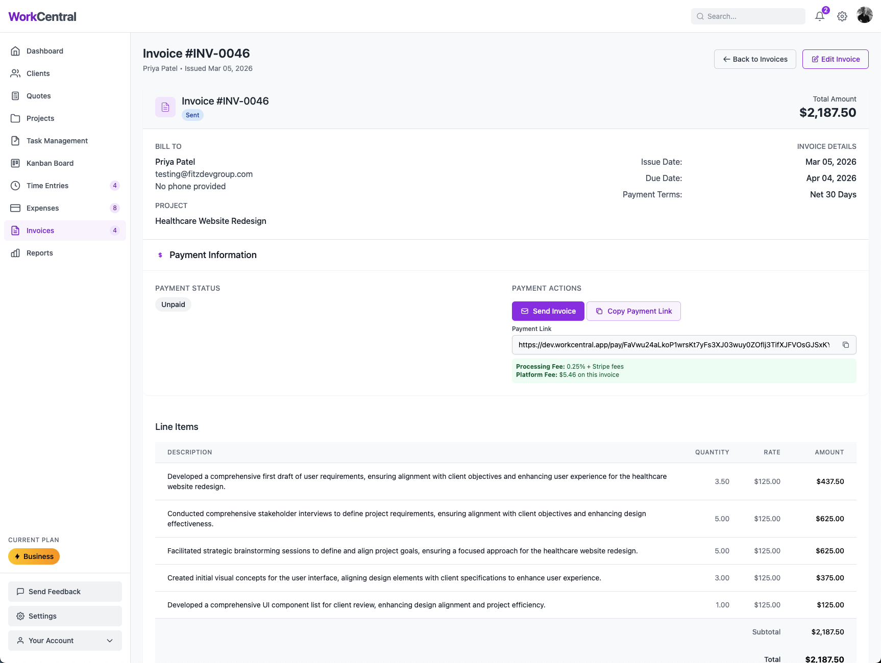 WorkCentral invoice with secure Stripe payment link